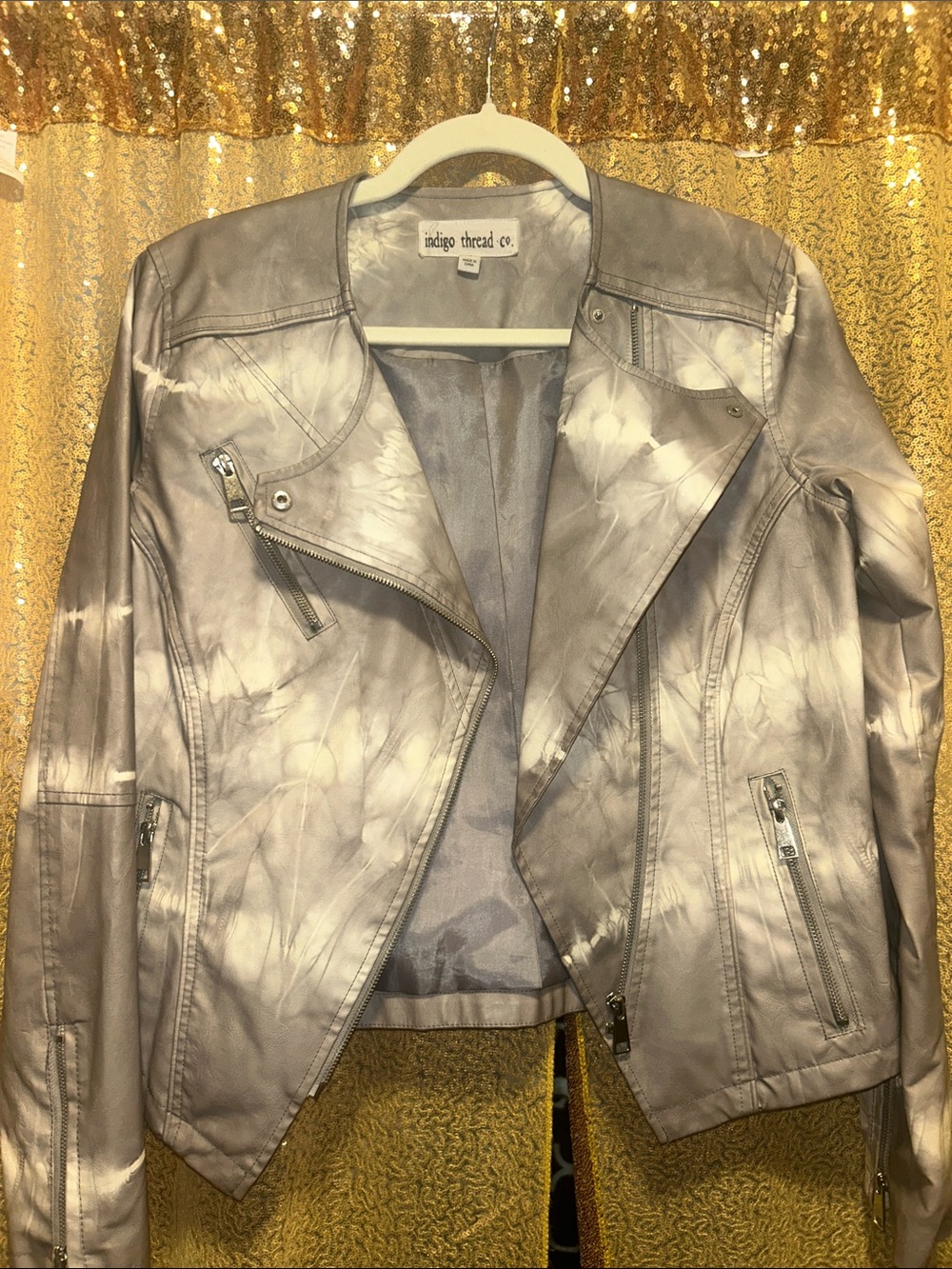Indigo Thread Co. Women’s Silver Tie-Dye Faux Leather Moto Jacket
